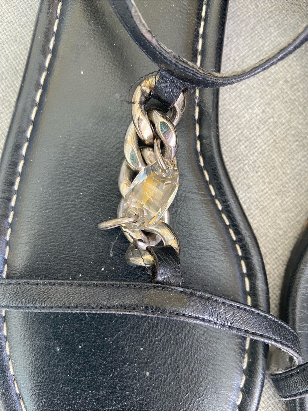 Stuart Weitzman Black Leather Chain-Accent Sandals - Picture 3 of 7